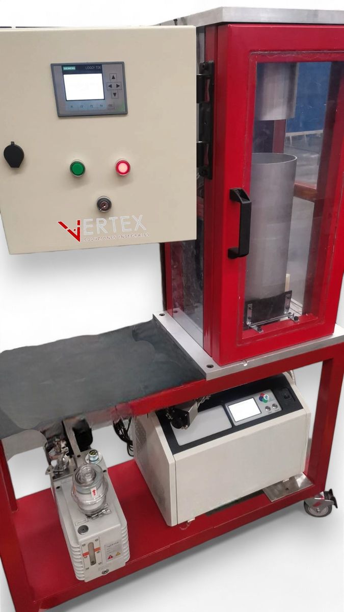 Estación roja con puerta de acrílico, panel de control y detector de fugas en la base